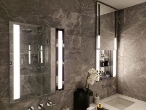 mirrored cabinet with upgliding mirror door in bathroom design