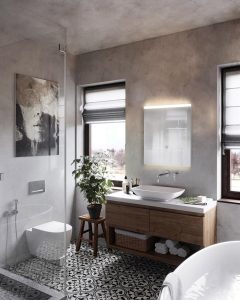 budget friendly bathroom design with creative painting on the walls.